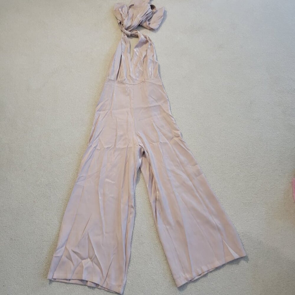 Beige Metallic Shiny Open Back Halter Tie Neck Jumpsuit, Size Medium